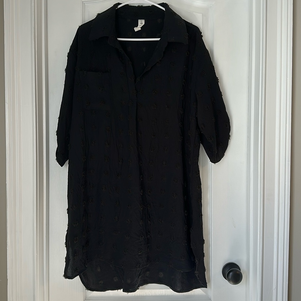 Swiss Dot 3/4 Sleeve Bathing Suit Cover Up - Black